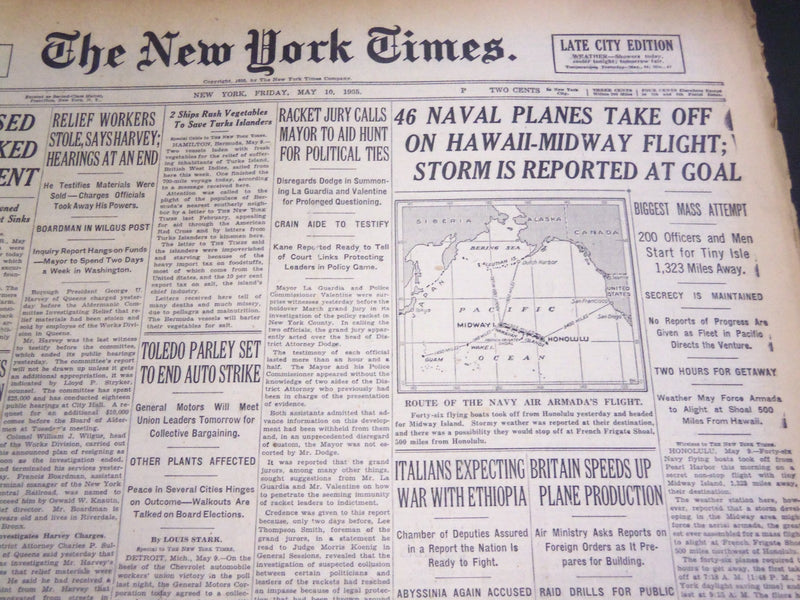 1935 MAY 10 NEW YORK TIMES - 46 NAVAL PLANES OFF ON HAWAII - NT 4878