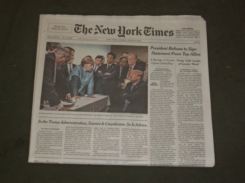 2018 JUNE 10 NEW YORK TIMES - TRUMP REFUSES TO SIGN STATEMENT FROM TOP ALLIES