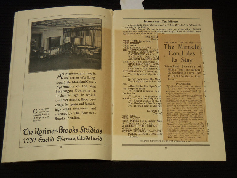 1924 THE MIRACLE STAGE PROGRAM - MAX REINHARDT - CLEVELAND - J 8010