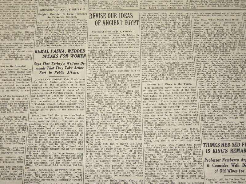 1923 FEBRUARY 21 NEW YORK TIMES - TOMB TREASURES REVISE IDEAS OF EGYPT - NT 7995