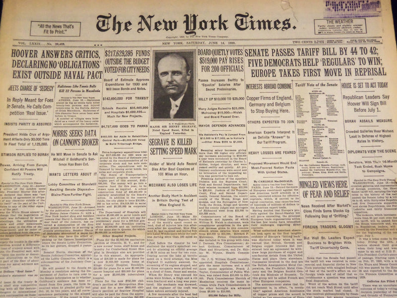 1930 JUNE 14 NEW YORK TIMES - SEGRAVE IS KILLED SETTING SPEED MARK - NT 1564