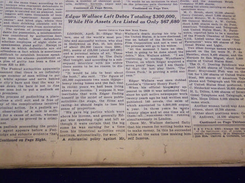 1932 APRIL 22 NEW YORK TIMES - EDGAR WALLACE LEFT DEBTS - NT 4090