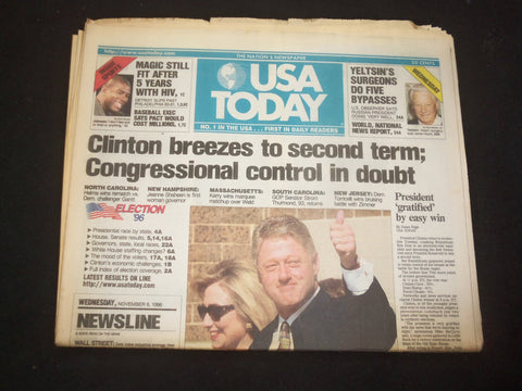 1996 NOVEMBER 6 USA TODAY NEWSPAPER - CLINTON BREEZES TO SECOND TERM - NP 7834