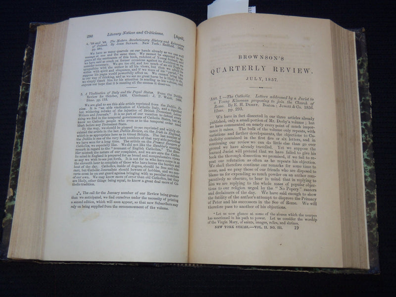 1857 BROWNSON'S QUARTERLY REVIEW MAGAZINE BOUND VOLUME NO. 2 - KD 7808