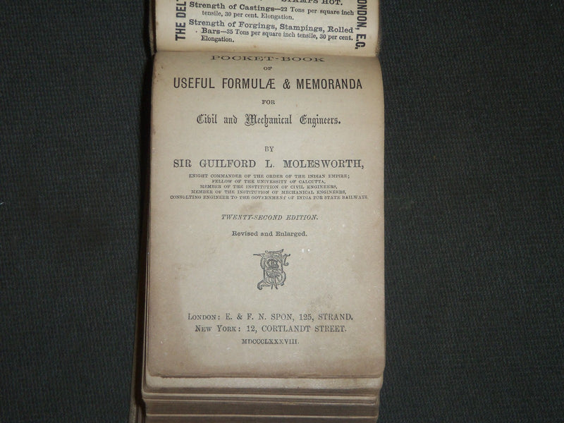 1888 POCKET BANK OF USEFUL FORMULATE & MEMORANOA BY MOLESWORTH - KD 50
