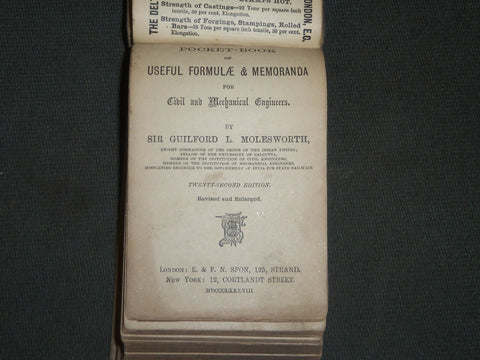 1888 POCKET BANK OF USEFUL FORMULATE & MEMORANOA BY MOLESWORTH - KD 50