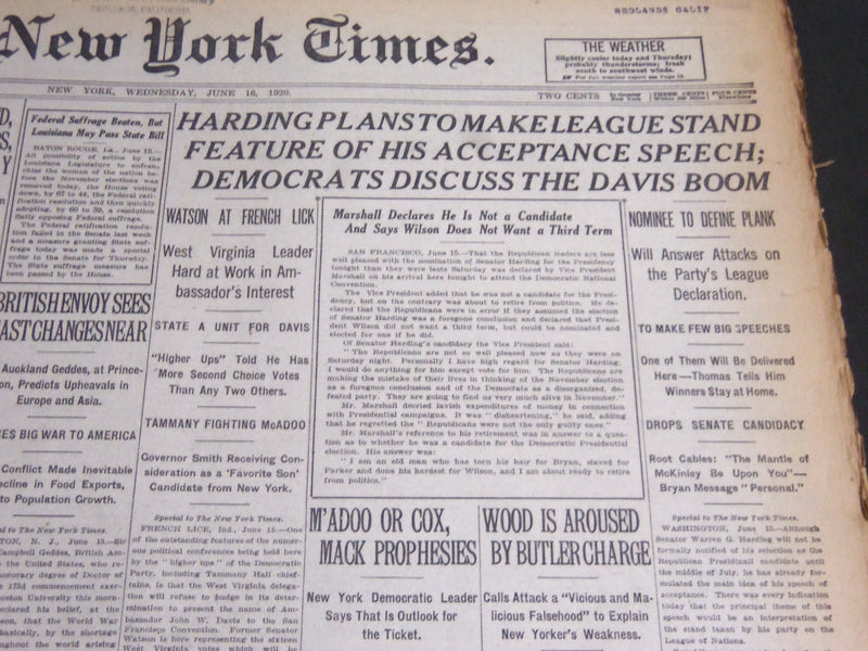 1920 JUNE 16 NEW YORK TIMES - HARDING MAKES LEAGUE STAND FEATURE SPEECH- NT 6944