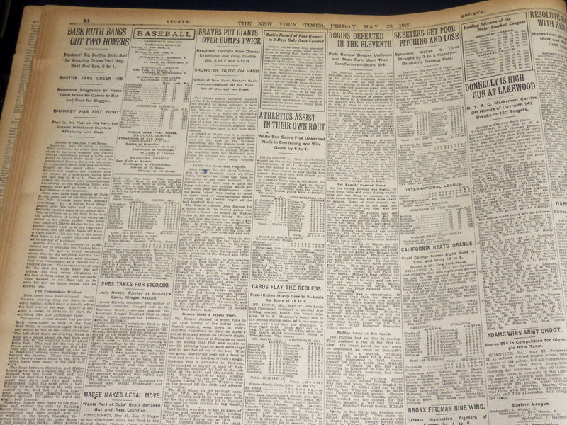 1920 MAY 28 NEW YORK TIMES - WILSON BETOES RESOLUTION, RUTH 2 HOMERS - NT 8680