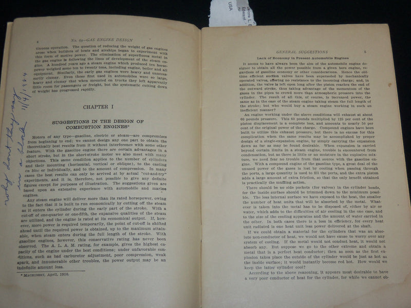 1910 MACHINERY'S FORMULAS FOR GAS ENGINE DESIGN PAMPHLET NO. 65 - J 6579