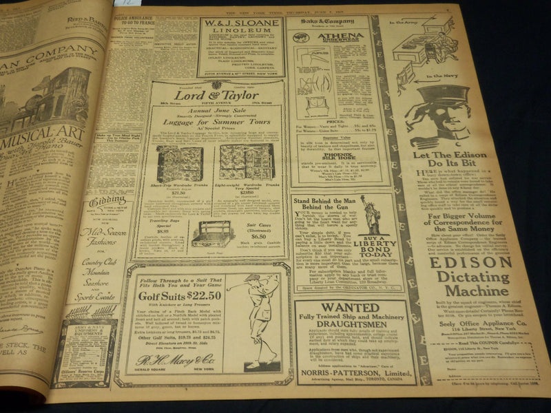 1917 JUNE 7 NEW YORK TIMES NEWSPAPER - AMERICAN STEAMER SINKS U-BOAT - NT 7788