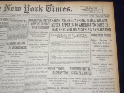 1920 NOVEMBER 16 NEW YORK TIMES - LEAGUE ASSEMBLY OPENS HAILS WILSON - NT 8470