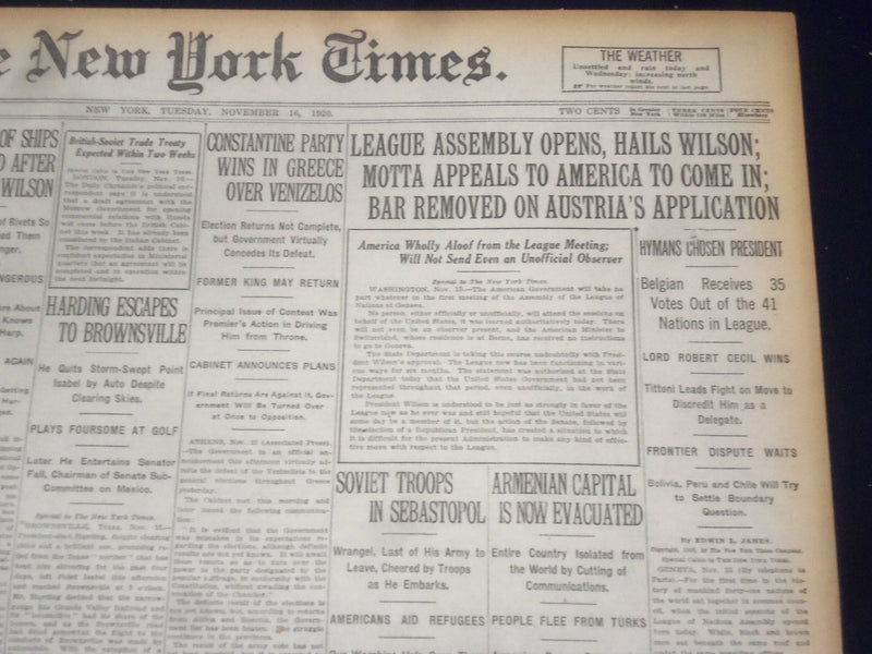 1920 NOVEMBER 16 NEW YORK TIMES - LEAGUE ASSEMBLY OPENS HAILS WILSON - NT 8470
