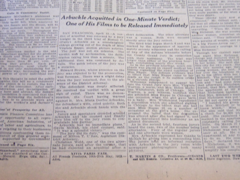 1922 APRIL 13 NEW YORK TIMES - ARBUCKLE ACQUITTED IN ONE MINUTE VERDICT- NT 5766