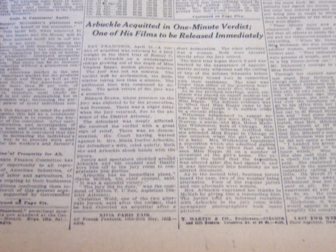 1922 APRIL 13 NEW YORK TIMES - ARBUCKLE ACQUITTED IN ONE MINUTE VERDICT- NT 5766