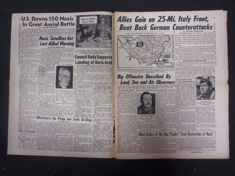 1944 MAY 13 NEW YORK DAILY MIRROR - ITALY DRIVE WINS FIRST OBJECTIVES - NP 2205