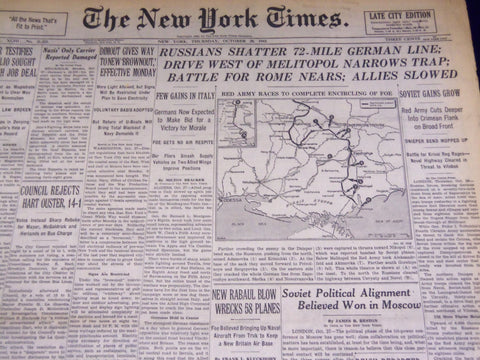 1943 OCTOBER 28 NEW YORK TIMES - RUSSIANS SHATTER 72-MILE GERMAN LINE - NT 1897