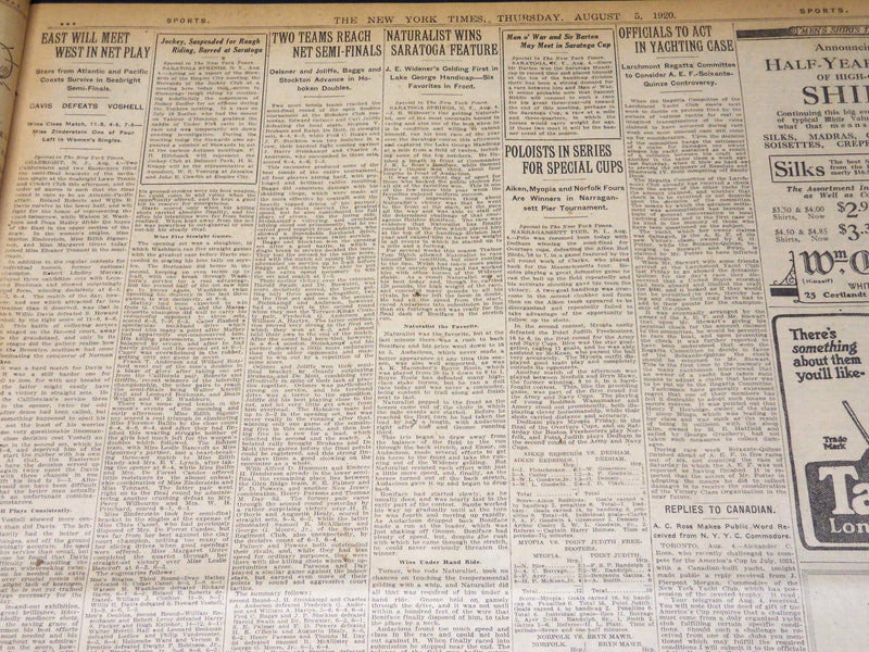 1920 AUGUST 5 NEW YORK TIMES - 2.75 BEER PLANK WINS AT SARATOGA - NT 8550