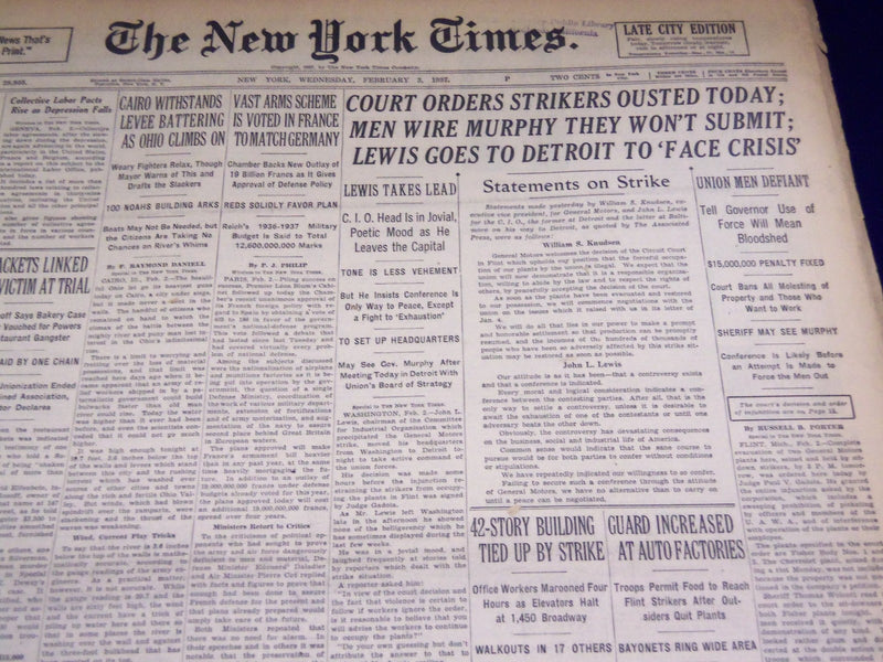 1937 FEBRUARY 3 NEW YORK TIMES - LEWIS GOES TO DETROIT TO FACE CRISIS - NT 2785
