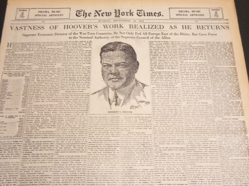 1919 SEPT 14 NY TIMES ARTICLES & DRAMA - VASTNESS OF HOOVER'S WORK - NT 7103