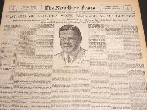 1919 SEPT 14 NY TIMES ARTICLES & DRAMA - VASTNESS OF HOOVER'S WORK - NT 7103