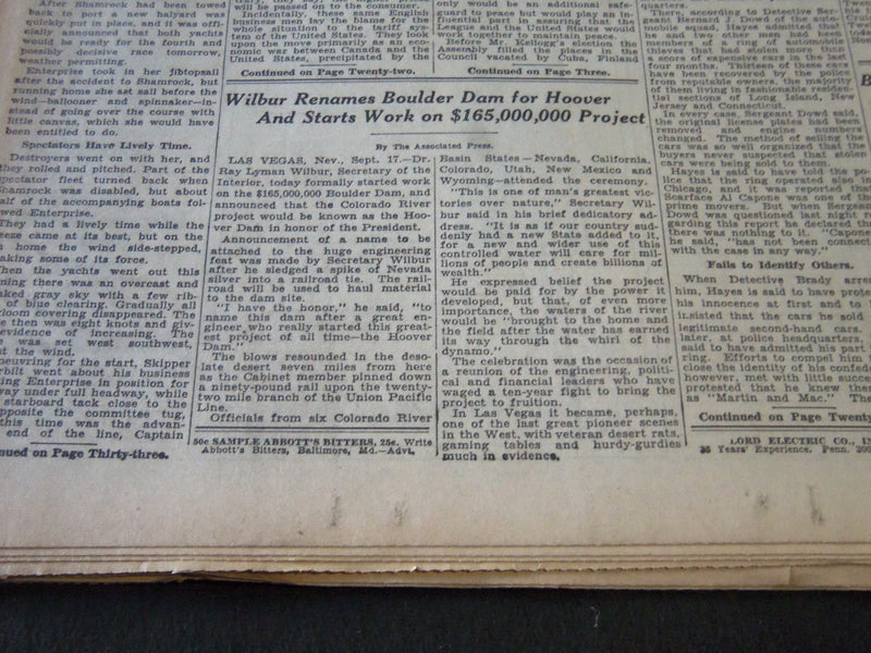 1930 SEPT 18 NEW YORK TIMES - WILBER RENAMES BOULDER DAM FOR HOOVER - NT 6323