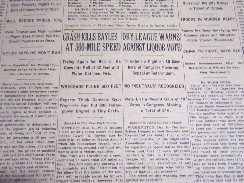 1931 DECEMBER 6 NEW YORK TIMES - CRASH KILLS BAYLES AT 300-MILE SPEED - NT 6678