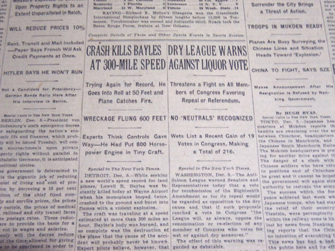 1931 DECEMBER 6 NEW YORK TIMES - CRASH KILLS BAYLES AT 300-MILE SPEED - NT 6678