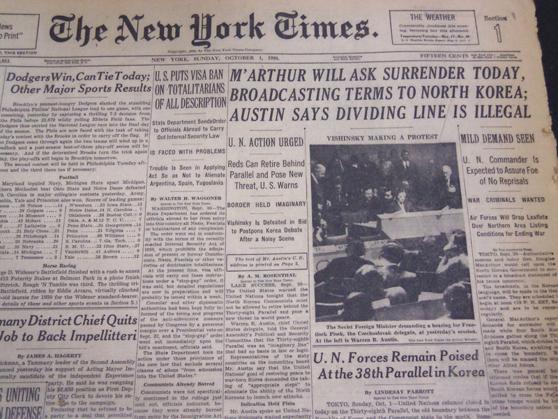 1950 OCTOBER 1 NEW YORK TIMES - M'ARTHUR WILL ASK SURRENDER TODAY - NT 4577