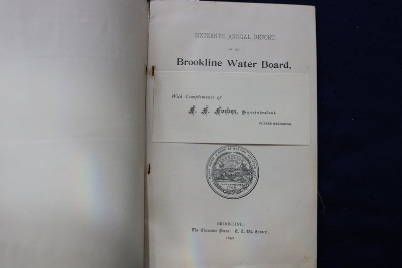 1892 BROOKLINE WATER BOARD ANNUAL REPORT SOFTCOVER BOOK - K 795