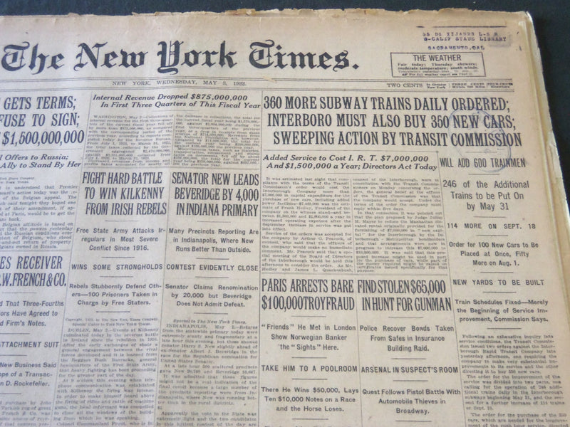 1922 MAY 3 NEW YORK TIMES - 360 MORE SUBWAY TRAINS DAILY ORDERED - NT 5798