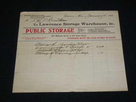 1913 LAWRENCE STORAGE WAREHOUSE PUBLIC STORAGE RECEIPT - MASSACHUSETTS - J 7016