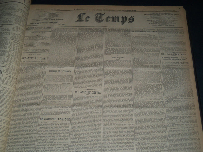 1932 JULY-SEPTEMBER LE TEMPS FRENCH NEWSPAPER BOUND VOLUME - VB 14