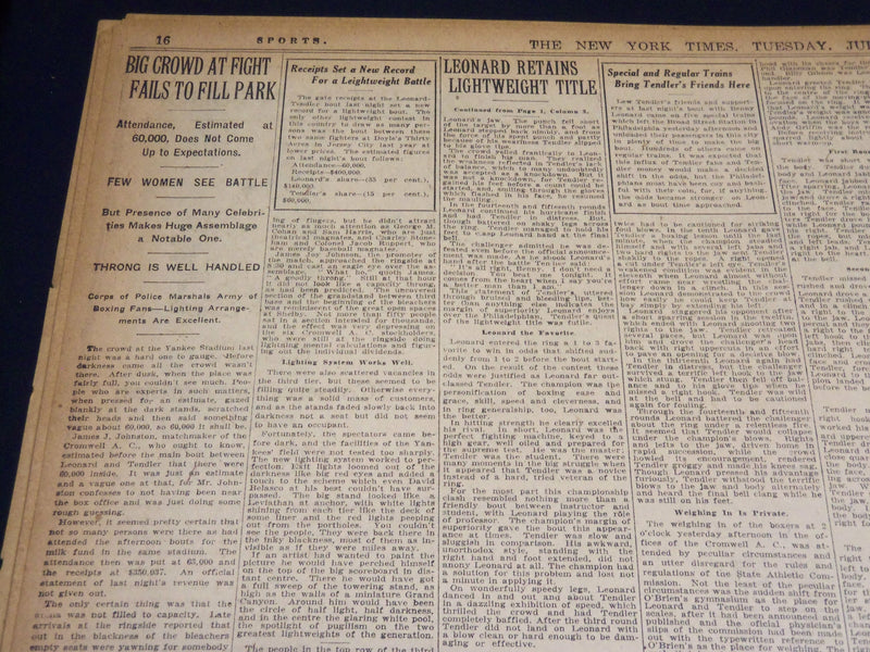 1923 JULY 24 NEW YORK TIMES - LEONARD RETAINS TITLE BEATS TENDLER - NT 7755