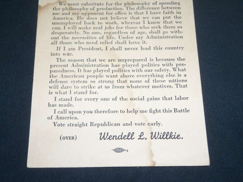1940 PENNSYLVANIA REPUBLICAN MAILER WENDELL WILLKIE - CHARLES L. MCNARY- J 3656