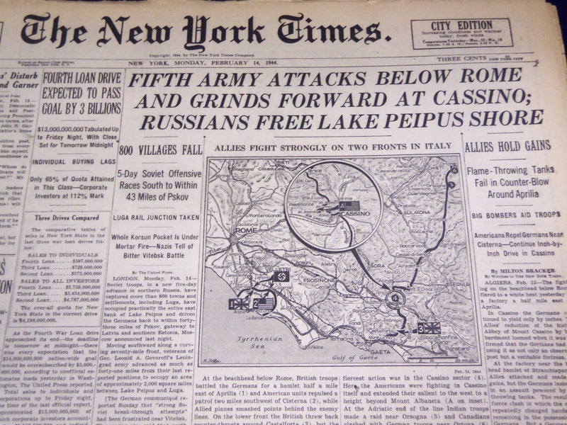 1944 FEBRUARY 14 NEW YORK TIMES - FIFTH ARMY ATTACKS BELOW ROME - NT 755