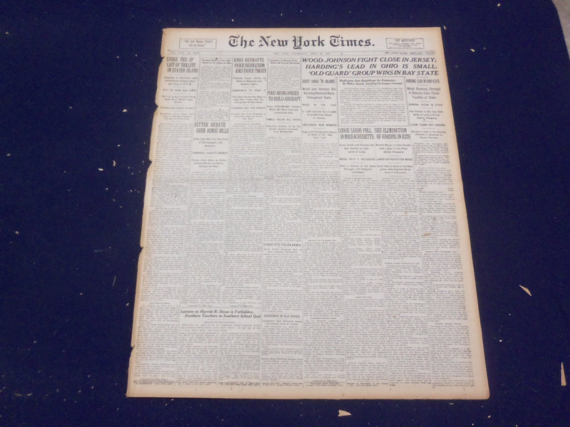 1920 APRIL 28 NEW YORK TIMES - HARDING'S LEAD IN OHIO IS SMALL - NT 8291