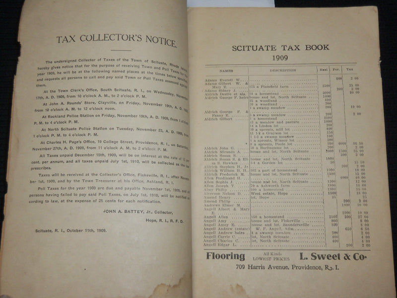 1909 SCITUATE TAX BOOK SOFTCOVER BOOK - RHODE ISLAND - J 7092