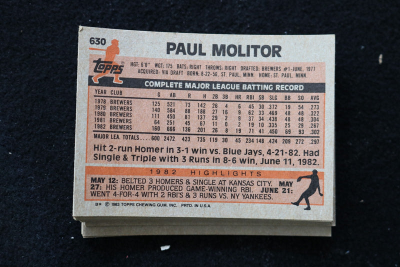 PAUL MOLITOR 1983 TOPPS BASEBALL CARDS - #630 - NM-MT - LOT OF 28 - #227