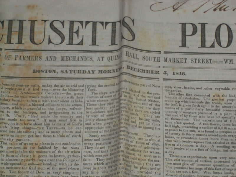 1846 DECEMBER 5 MASSACHUSETTS PLOUGHMAN NEWSPAPER - SURGERY INVENTION - NP 5138