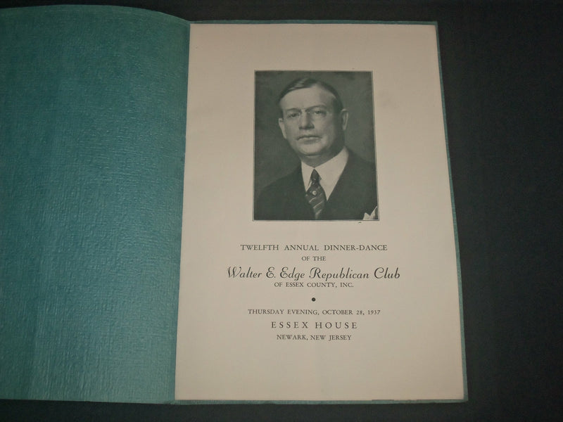 1937 WALTER EDGE REPUBLICAN CLUB DINNER PROGRAM - NEWARK NEW JERSEY - J 3957