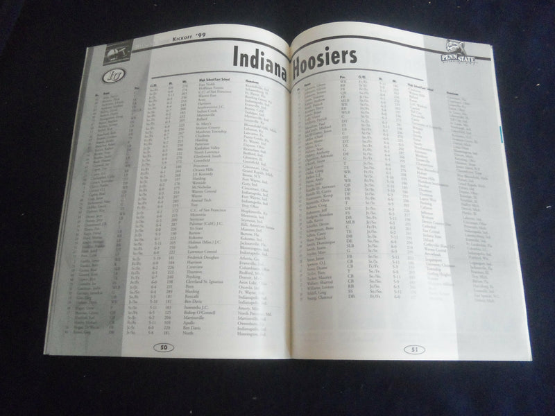 1999 SEPEMBER 25 FOOTBALL PROGRAM - PENN STATE UNIV VS INDIANA UNIV - SP 1215S