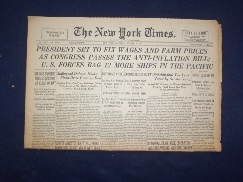 1942 OCT 3 NEW YORK TIMES - PRESIDENT SET TO FIX WAGES AND FARM PRICES - NP 6507