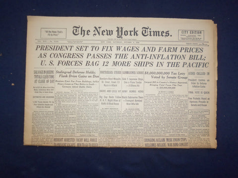 1942 OCT 3 NEW YORK TIMES - PRESIDENT SET TO FIX WAGES AND FARM PRICES - NP 6507
