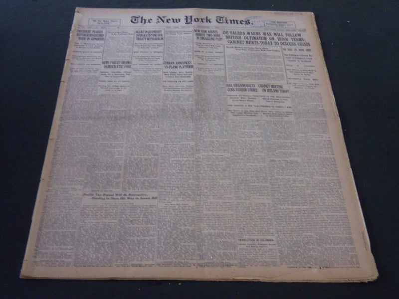 1921 SEPTEMBER 7 NEW YORK TIMES - DE VALERA WARNS WAR WILL FOLLOW - NT 5476