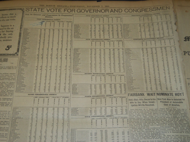 1906 NOVEMBER 7 THE BOSTON HERALD - GUILD WINS - HUGHES HAS LEAD - BH 138