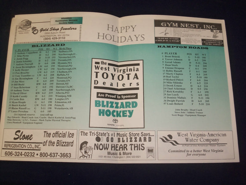 1999-2000 HUNTINGTO BLIZZARD EAST COAST HOCKEY LEAGUE PROGRAM - B 6475