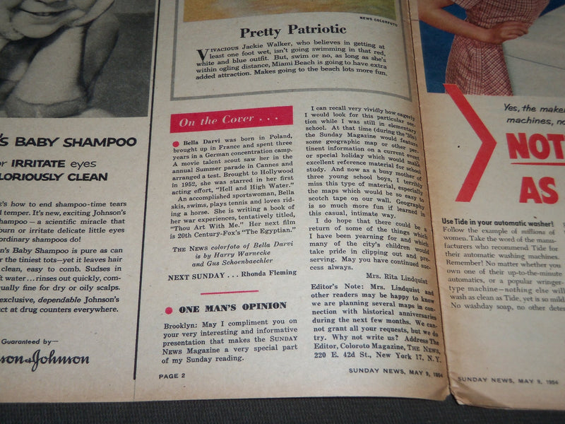1954 MAY 9 SUNDAY NEWS COLOROTO MAGAZINE SECTION - BELLA DARVI COVER - J 2865
