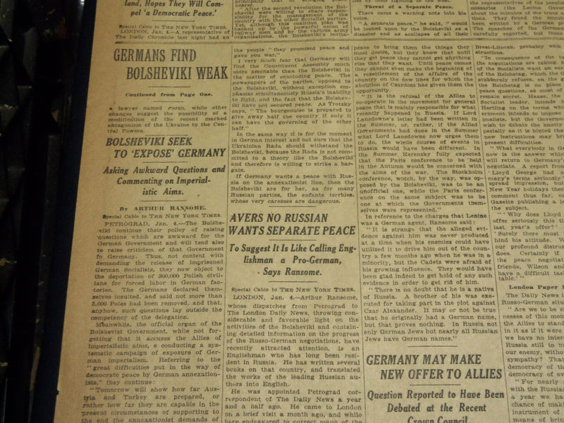 1918 JANUARY 5 NEW YORK TIMES - GERMANY REFUSES TO QUIT TERRITORY - NT 7914