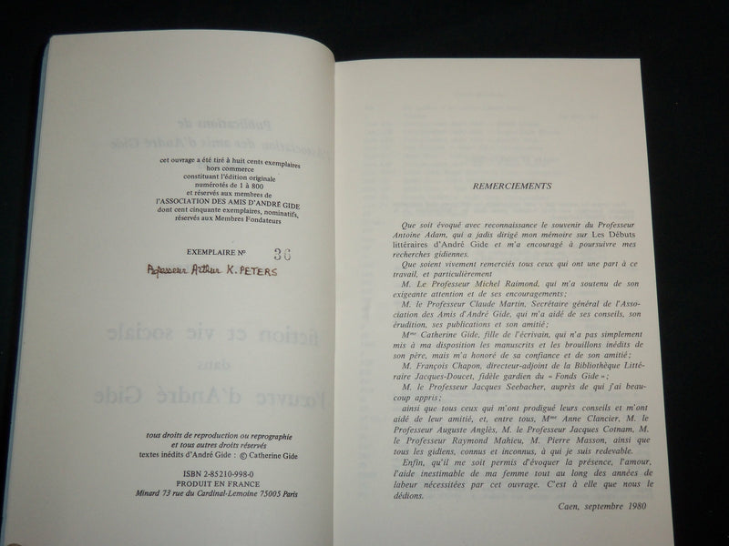 1984-1985 FICTION ET VIE SOCIALE DANS L'OEUVRE D'ANDRE GIDE BOOK - KD 7128