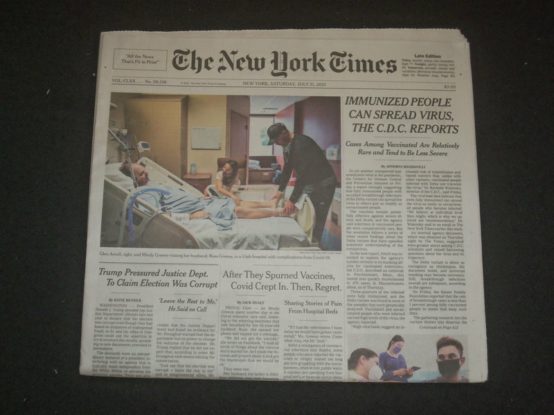 2021 JULY 31 NEW YORK TIMES - IMMUNIZED PEOPLE CAN SPREAD VIRUS, CDC REPORTS